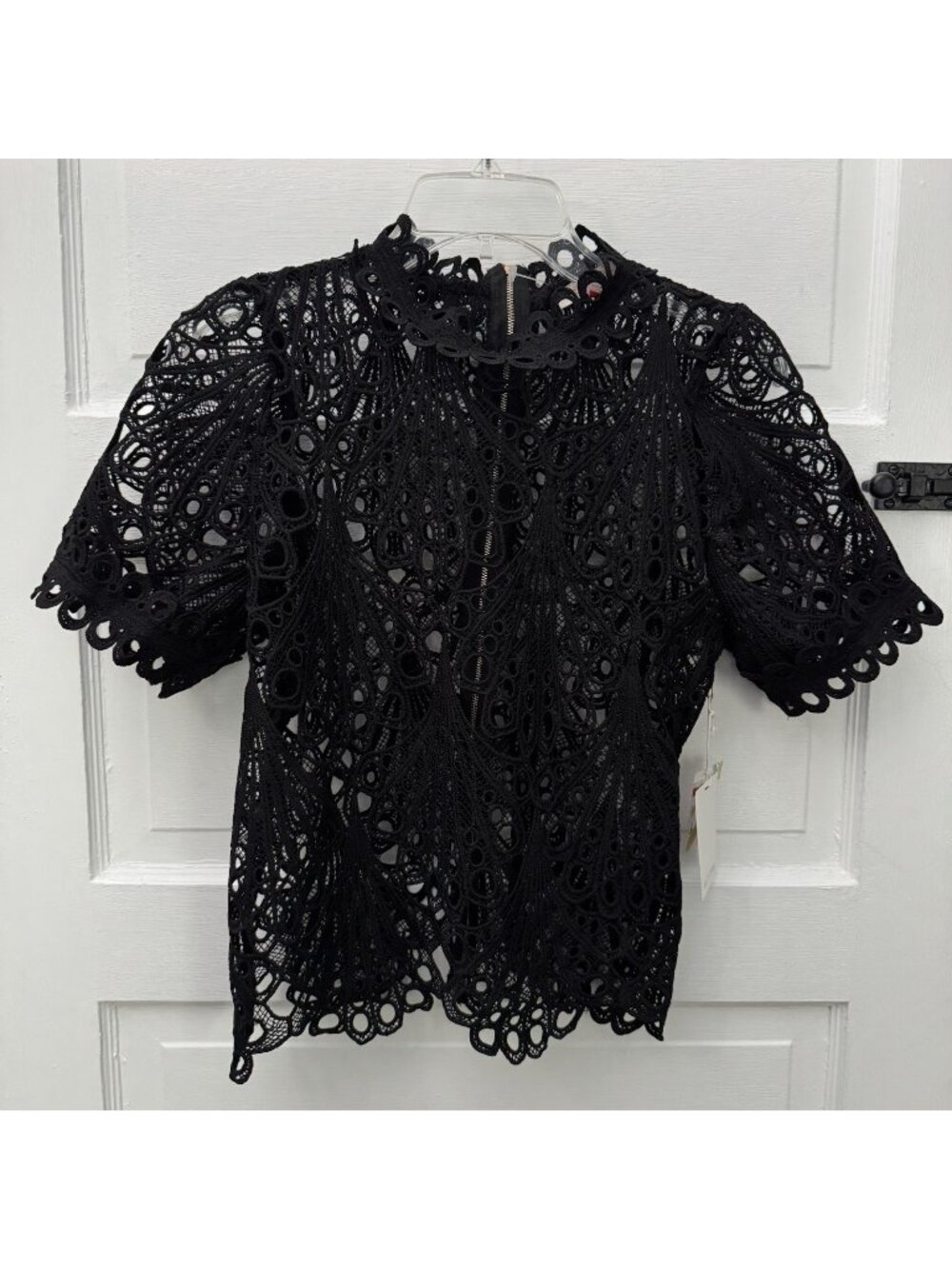Mele E Pere Women’s Small Black Guipure Lace High Neck Zip Blouse Top